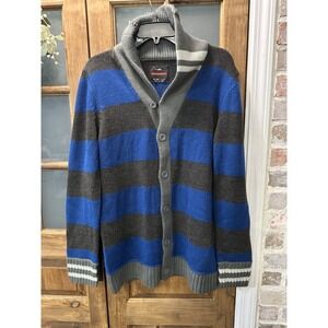 Unionbay Cardigan Sweater Mens Large Blue Gray‎ Striped Shawl Collar Knit Button